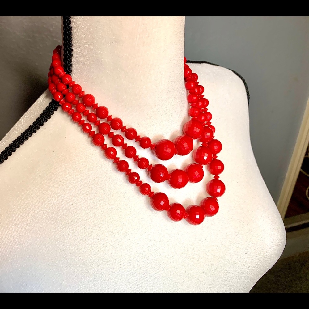 Vintage Red Bead Triple Strand Necklace German